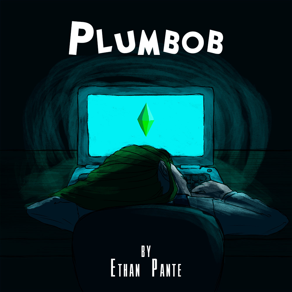 A square logo for "Plumbob". It features a teenager asleep on their laptop with an emerald plumbob on the screen above their head.